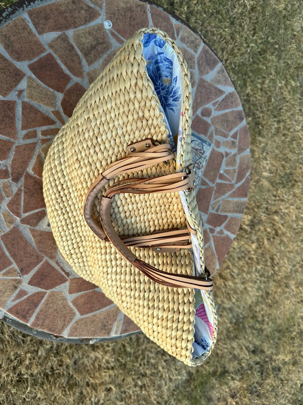 Banana Republic Woven Straw Tote Bag with Blue Floral Lining